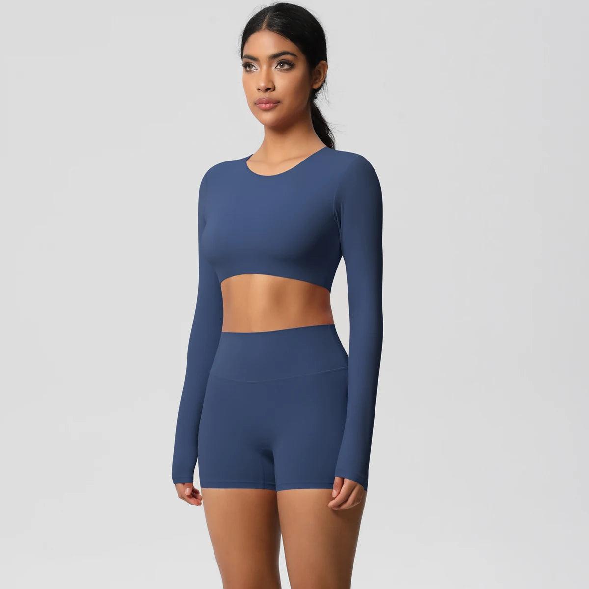 Conjunto Fitness Feminino Top Cropped Manga Longa e Shorts Cintura Alta Nuudi Store
