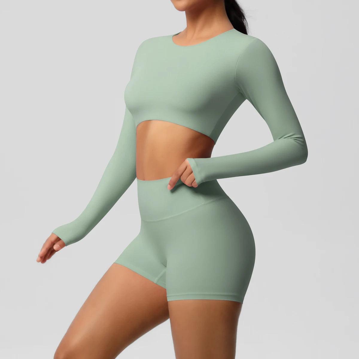 Conjunto Fitness Feminino Top Cropped Manga Longa e Shorts Cintura Alta Nuudi Store
