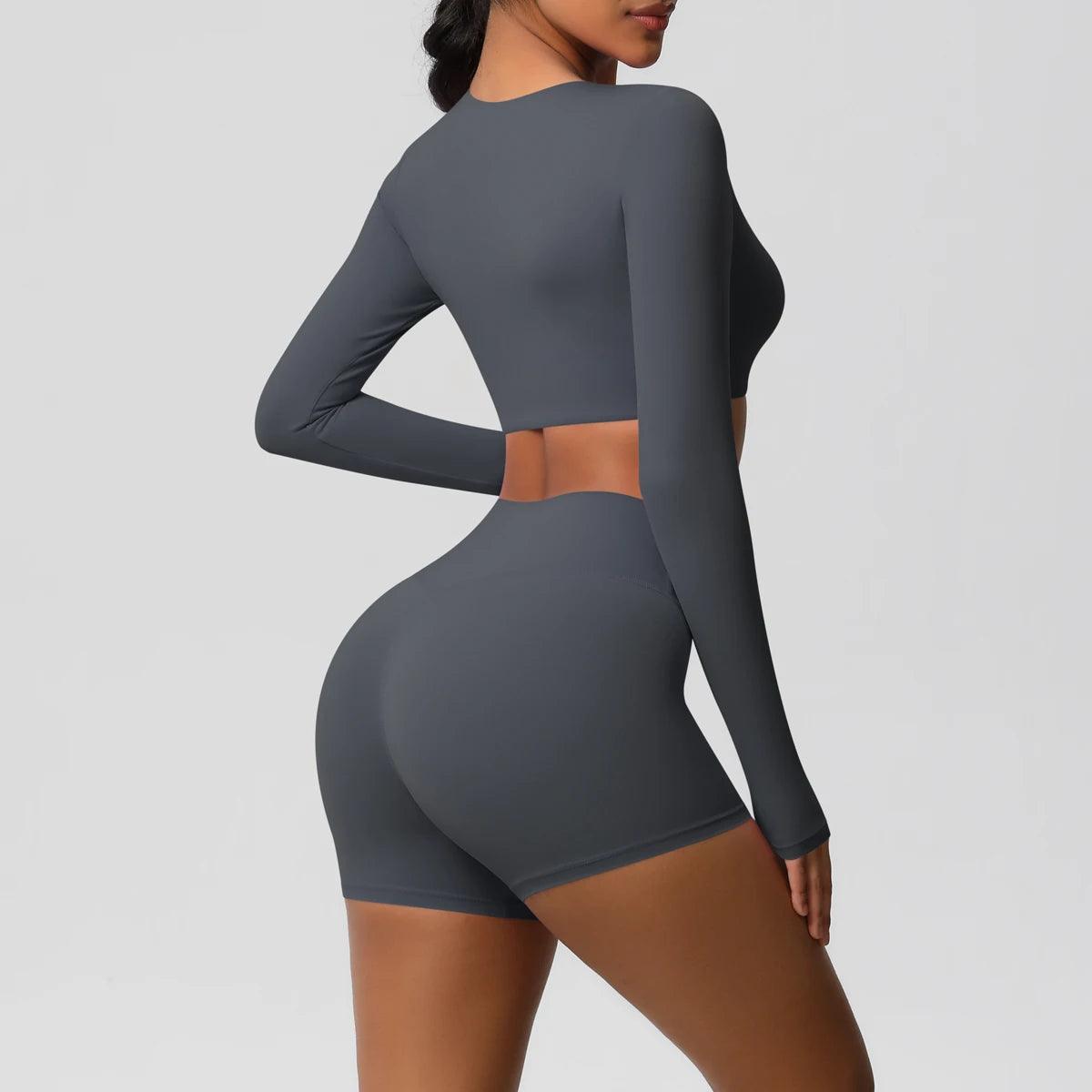 Conjunto Fitness Feminino Top Cropped Manga Longa e Shorts Cintura Alta Nuudi Store