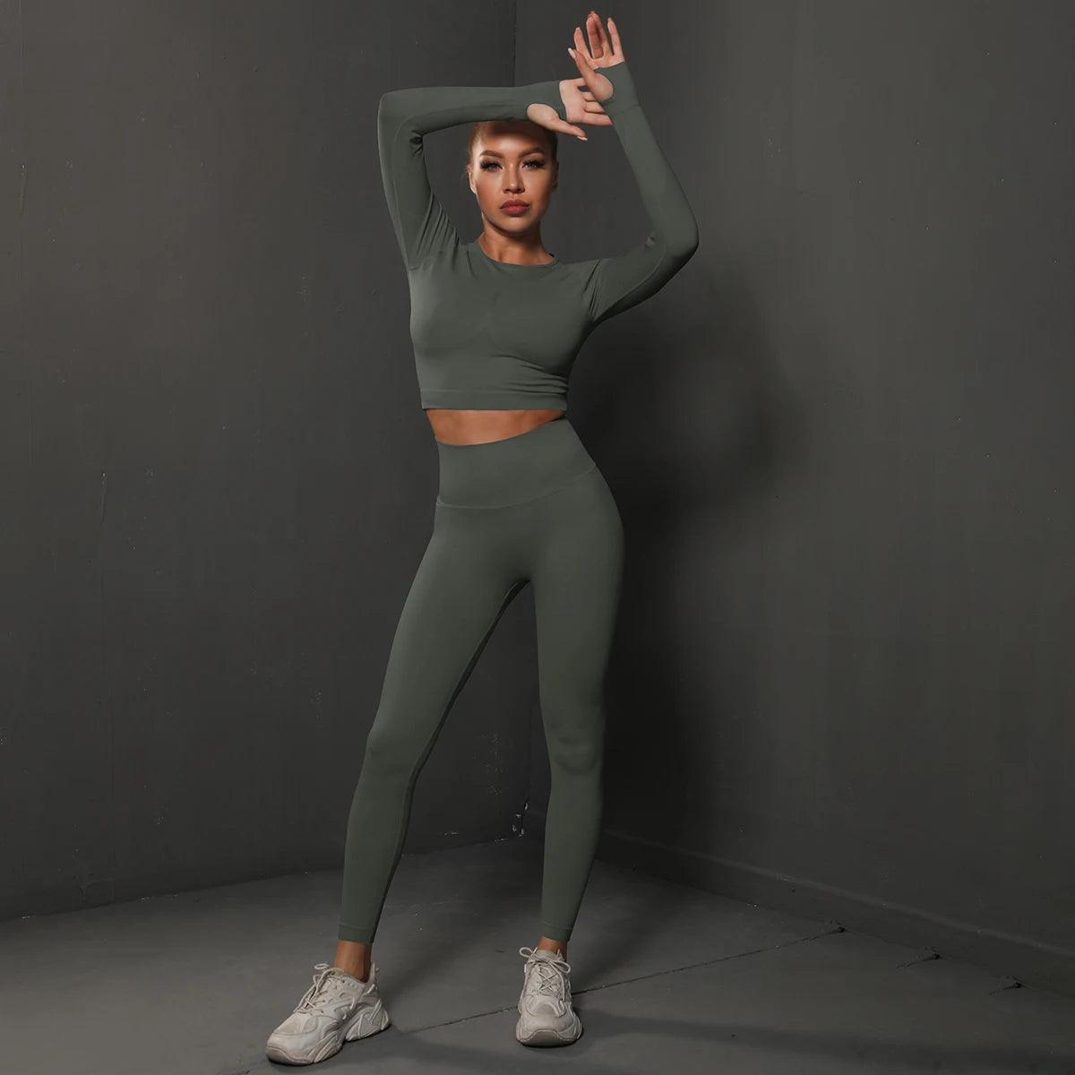 Conjunto Fitness Feminino Camiseta Manga Longa e Calça Legging Sem Costura Nuudi Store