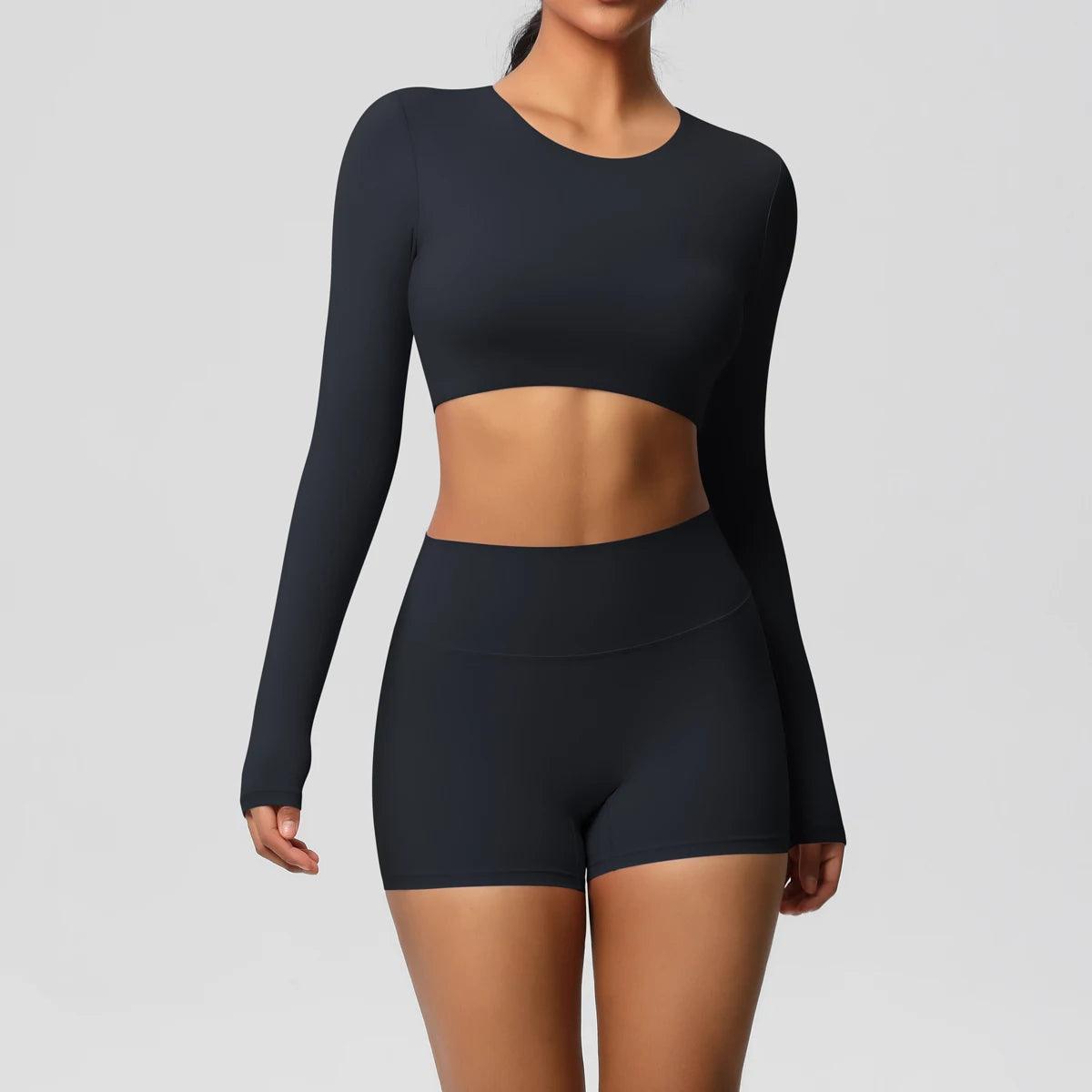 Conjunto Fitness Feminino Top Cropped Manga Longa e Shorts Cintura Alta Nuudi Store
