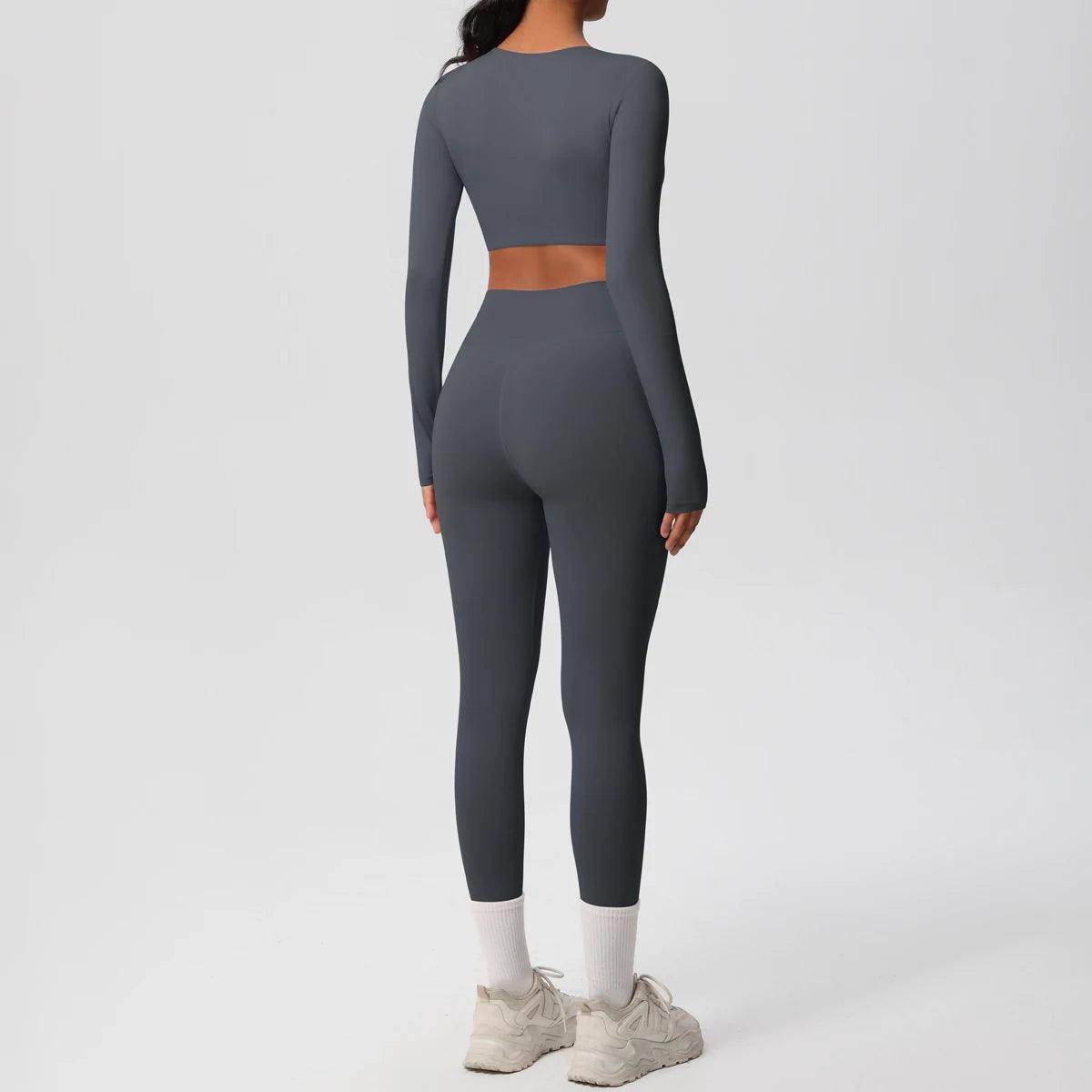 Conjunto Fitness Feminino Top Cropped Manga Longa e Calça Legging Cintura Alta Nuudi Store