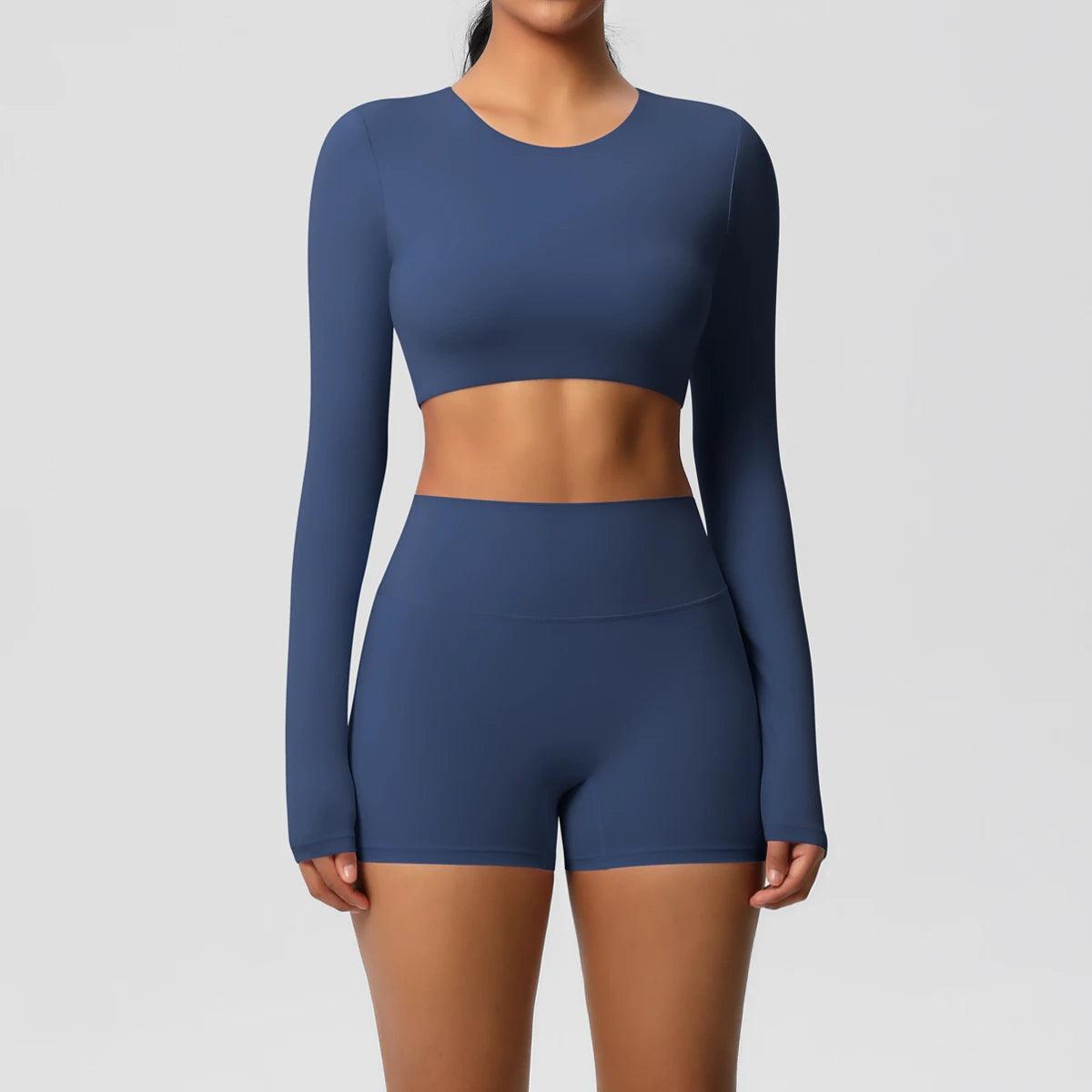 Conjunto Fitness Feminino Top Cropped Manga Longa e Shorts Cintura Alta Nuudi Store
