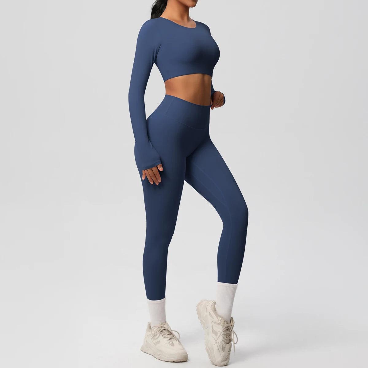 Conjunto Fitness Feminino Top Cropped Manga Longa e Calça Legging Cintura Alta Nuudi Store