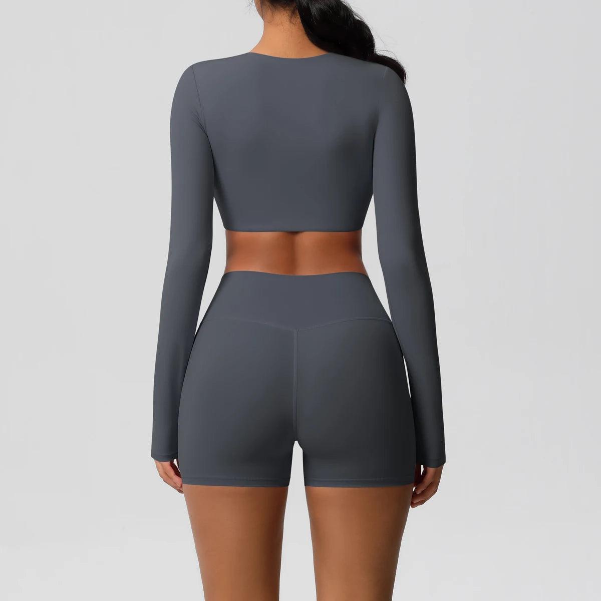 Conjunto Fitness Feminino Top Cropped Manga Longa e Shorts Cintura Alta Nuudi Store