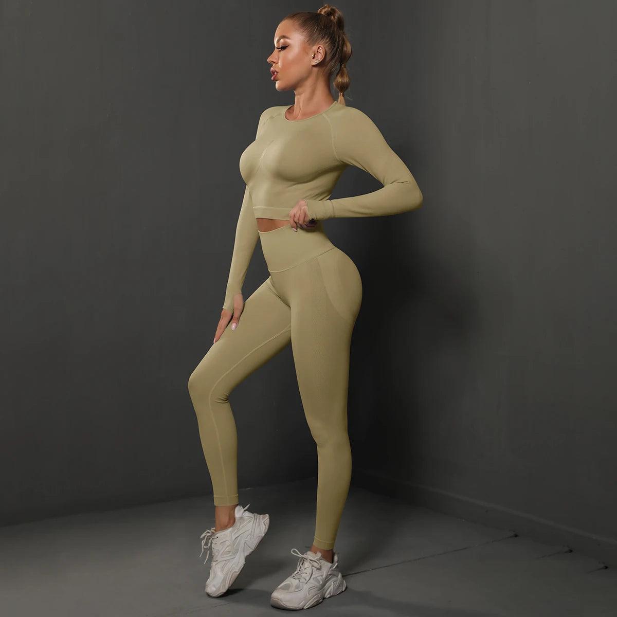 Conjunto Fitness Feminino Camiseta Manga Longa e Calça Legging Sem Costura Nuudi Store