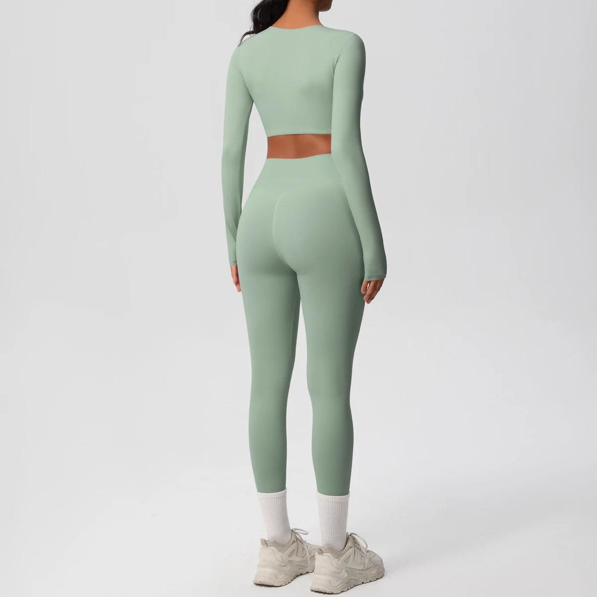 Conjunto Fitness Feminino Top Cropped Manga Longa e Calça Legging Cintura Alta Nuudi Store