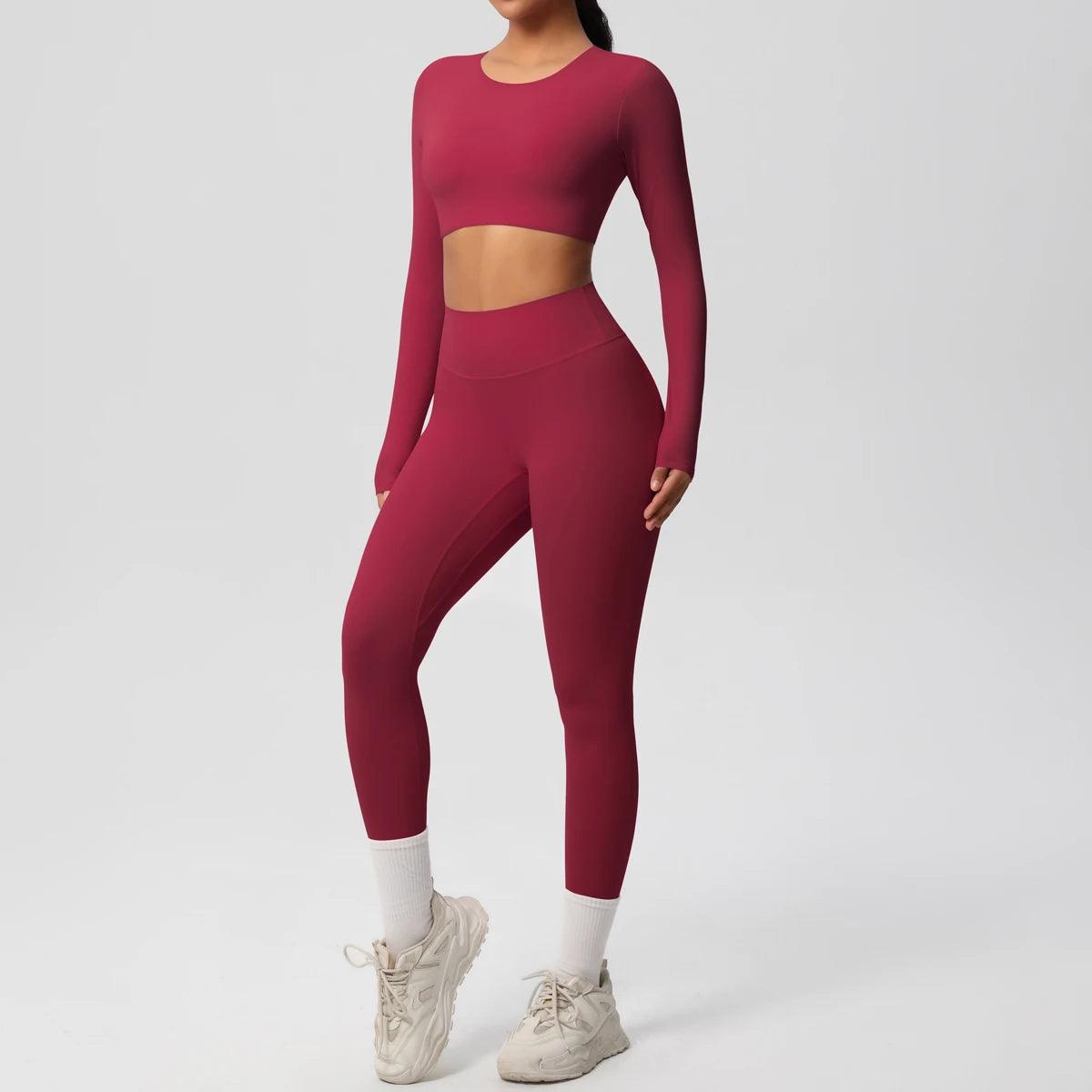 Conjunto Fitness Feminino Top Cropped Manga Longa e Calça Legging Cintura Alta Nuudi Store