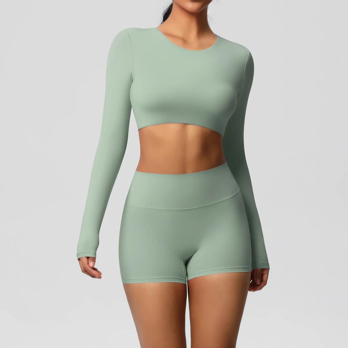 Conjunto Fitness Feminino Top Cropped Manga Longa e Shorts Cintura Alta Nuudi Store