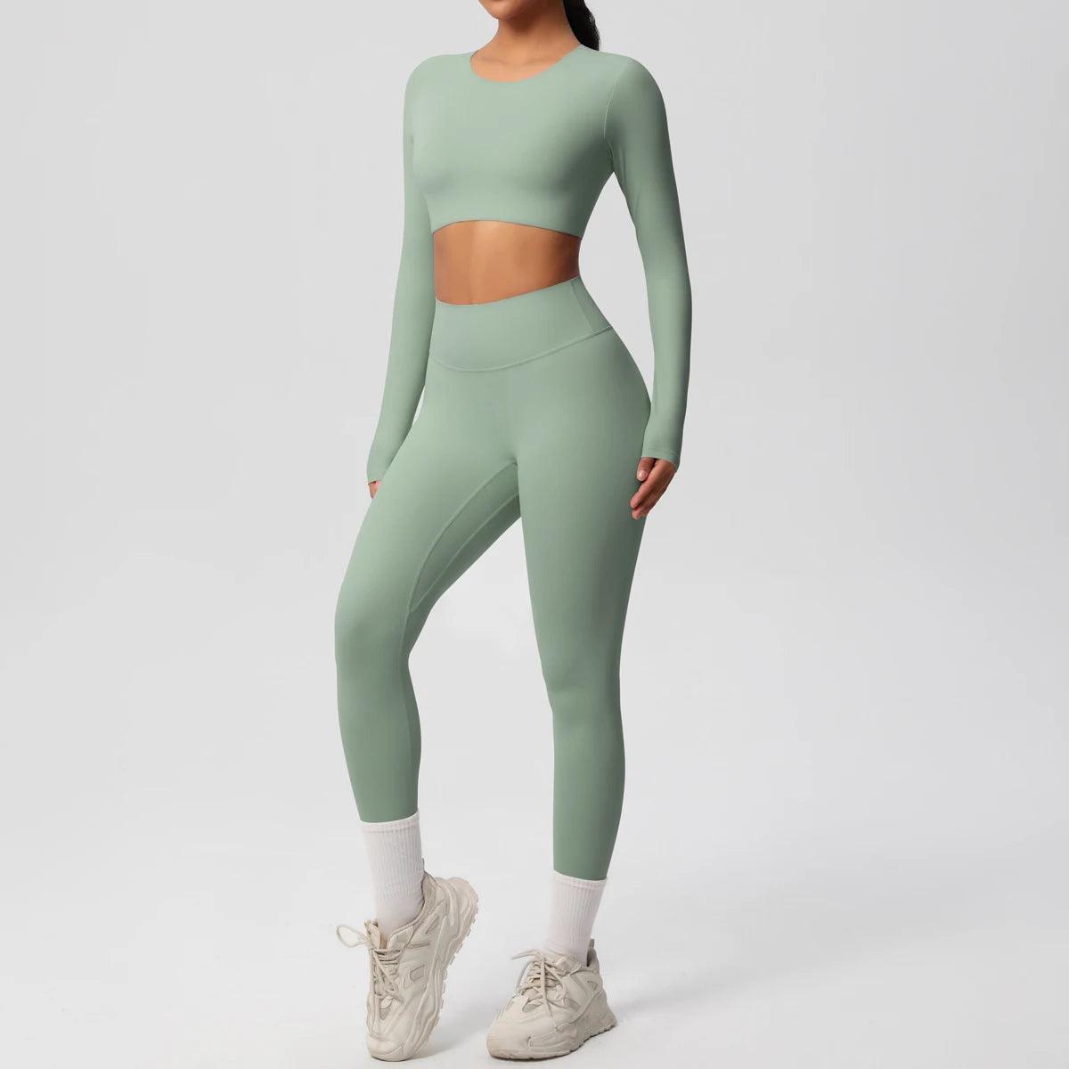 Conjunto Fitness Feminino Top Cropped Manga Longa e Calça Legging Cintura Alta Nuudi Store