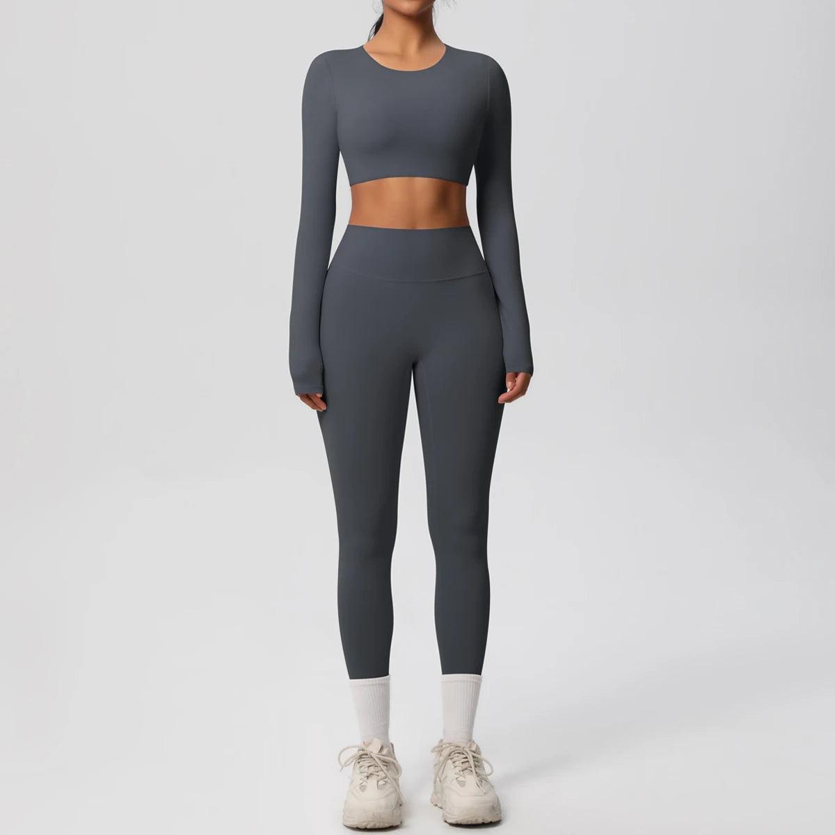 Conjunto Fitness Feminino Top Cropped Manga Longa e Calça Legging Cintura Alta Nuudi Store
