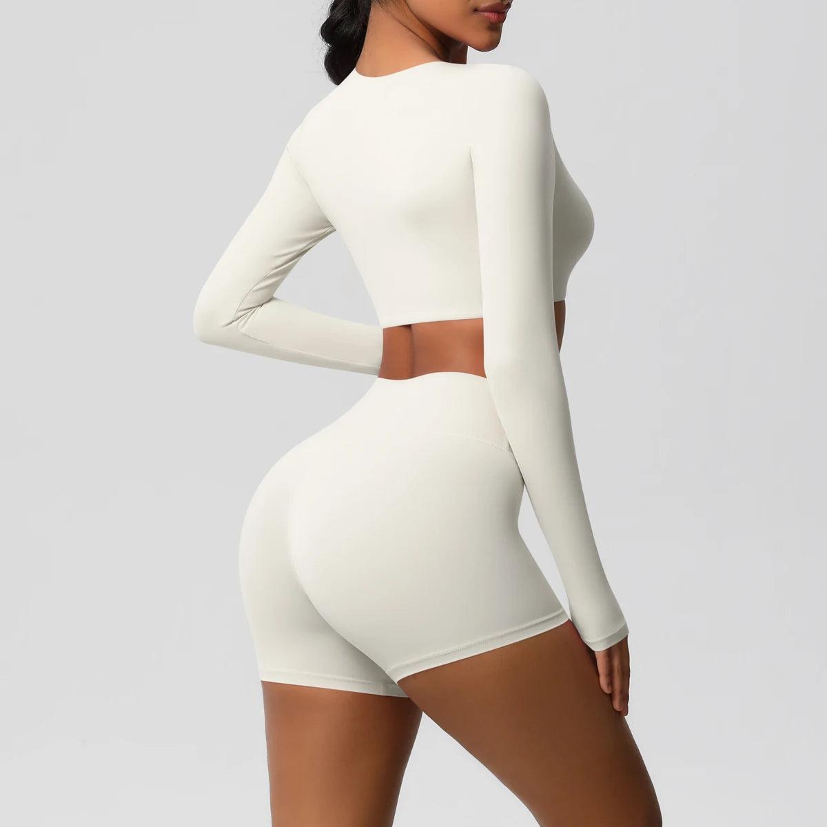 Conjunto Fitness Feminino Top Cropped Manga Longa e Shorts Cintura Alta Nuudi Store