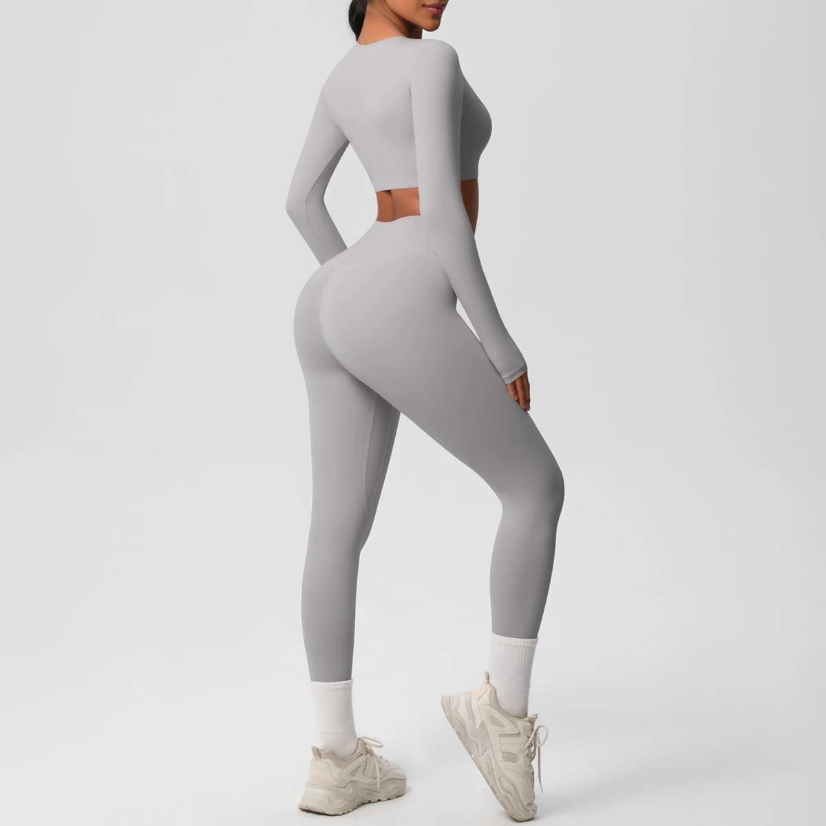 Conjunto Fitness Feminino Top Cropped Manga Longa e Calça Legging Cintura Alta Nuudi Store