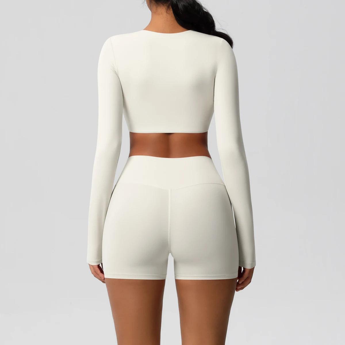 Conjunto Fitness Feminino Top Cropped Manga Longa e Shorts Cintura Alta Nuudi Store