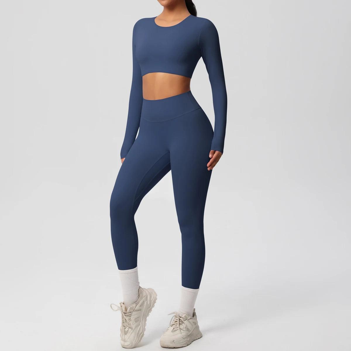 Conjunto Fitness Feminino Top Cropped Manga Longa e Calça Legging Cintura Alta Nuudi Store