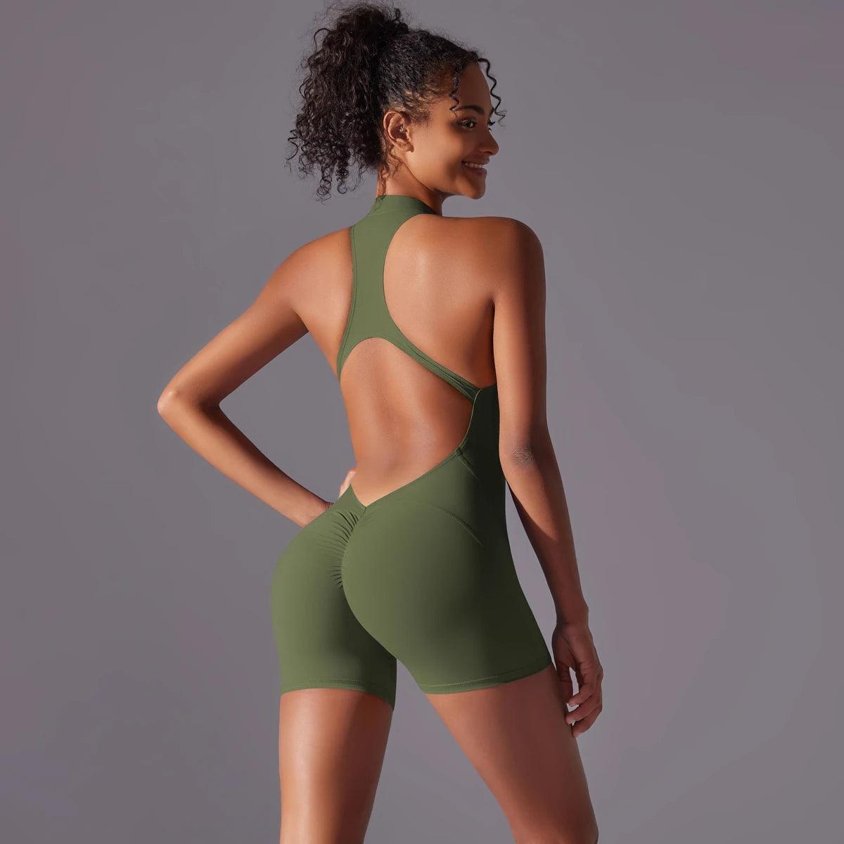 Macaquinho Fitness Feminino Zíper Frontal, Manga Curta e Costas Abertas Nuudi Store Nuudi Store