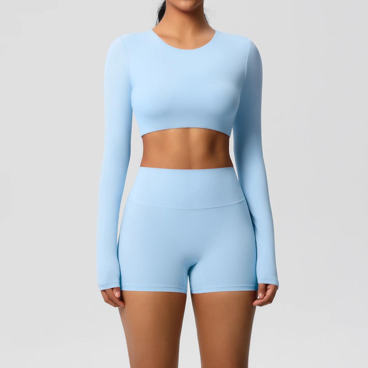 Conjunto Fitness Feminino Top Cropped Manga Longa e Shorts Cintura Alta Nuudi Store
