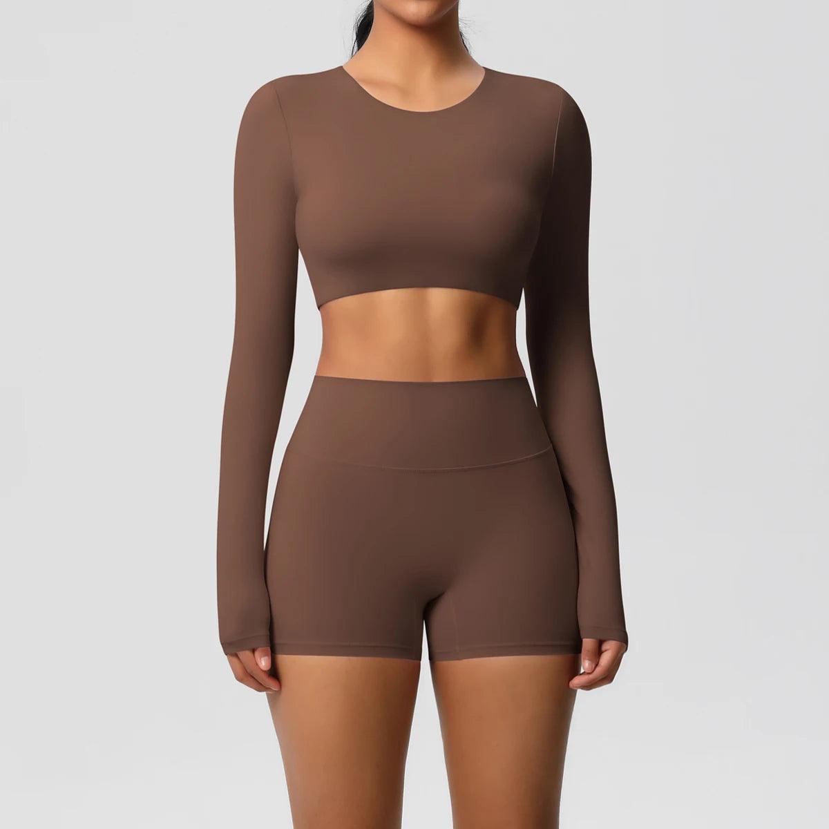 Conjunto Fitness Feminino Top Cropped Manga Longa e Shorts Cintura Alta Nuudi Store