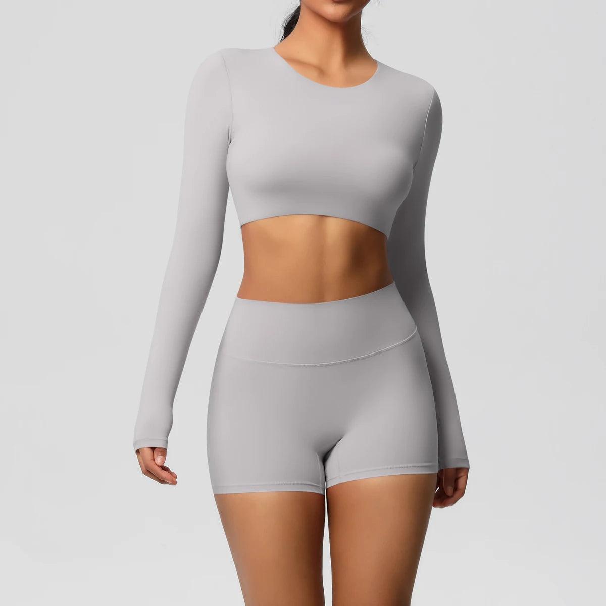 Conjunto Fitness Feminino Top Cropped Manga Longa e Shorts Cintura Alta Nuudi Store