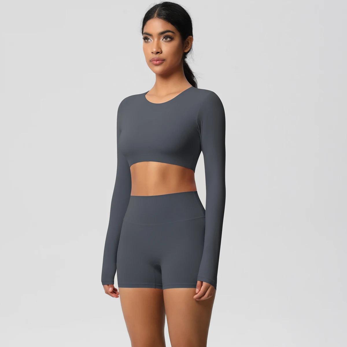 Conjunto Fitness Feminino Top Cropped Manga Longa e Shorts Cintura Alta Nuudi Store