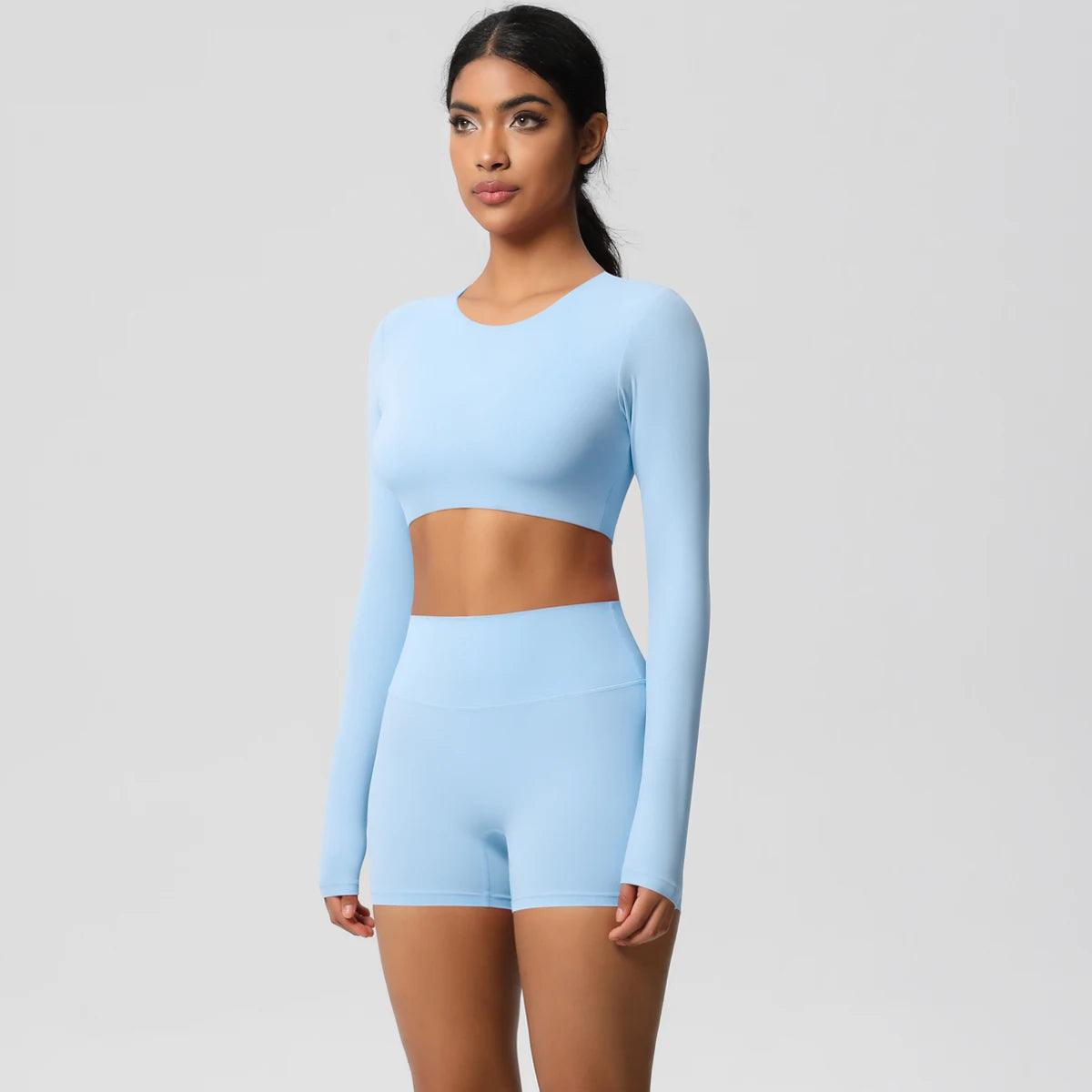 Conjunto Fitness Feminino Top Cropped Manga Longa e Shorts Cintura Alta Nuudi Store
