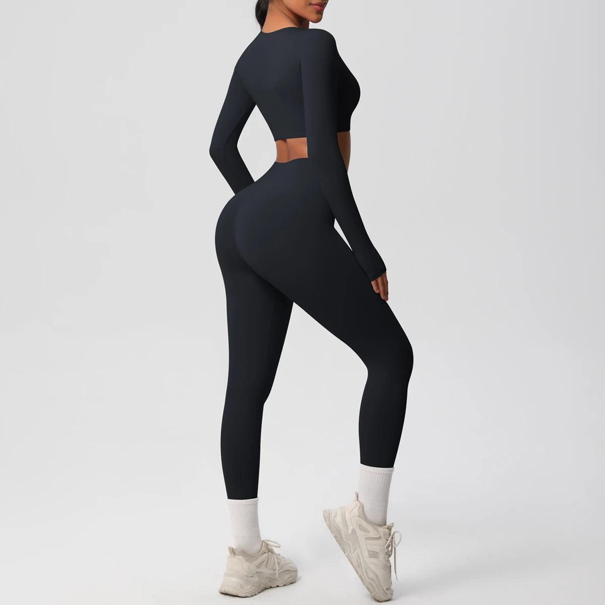 Conjunto Fitness Feminino Top Cropped Manga Longa e Calça Legging Cintura Alta Nuudi Store