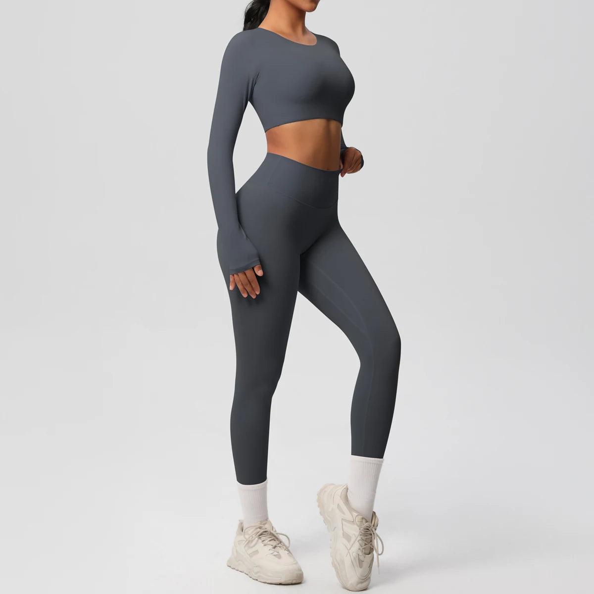 Conjunto Fitness Feminino Top Cropped Manga Longa e Calça Legging Cintura Alta Nuudi Store