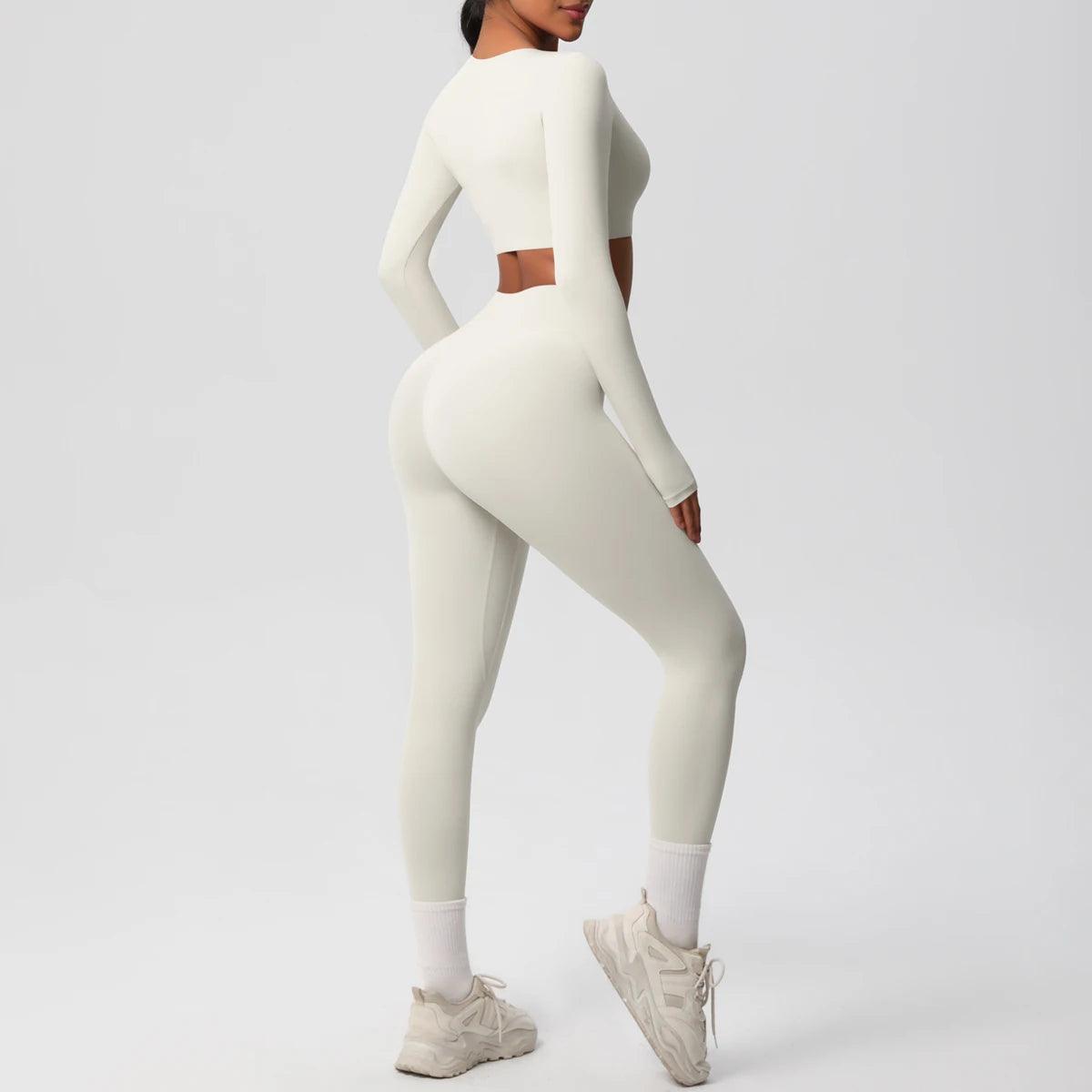 Conjunto Fitness Feminino Top Cropped Manga Longa e Calça Legging Cintura Alta Nuudi Store