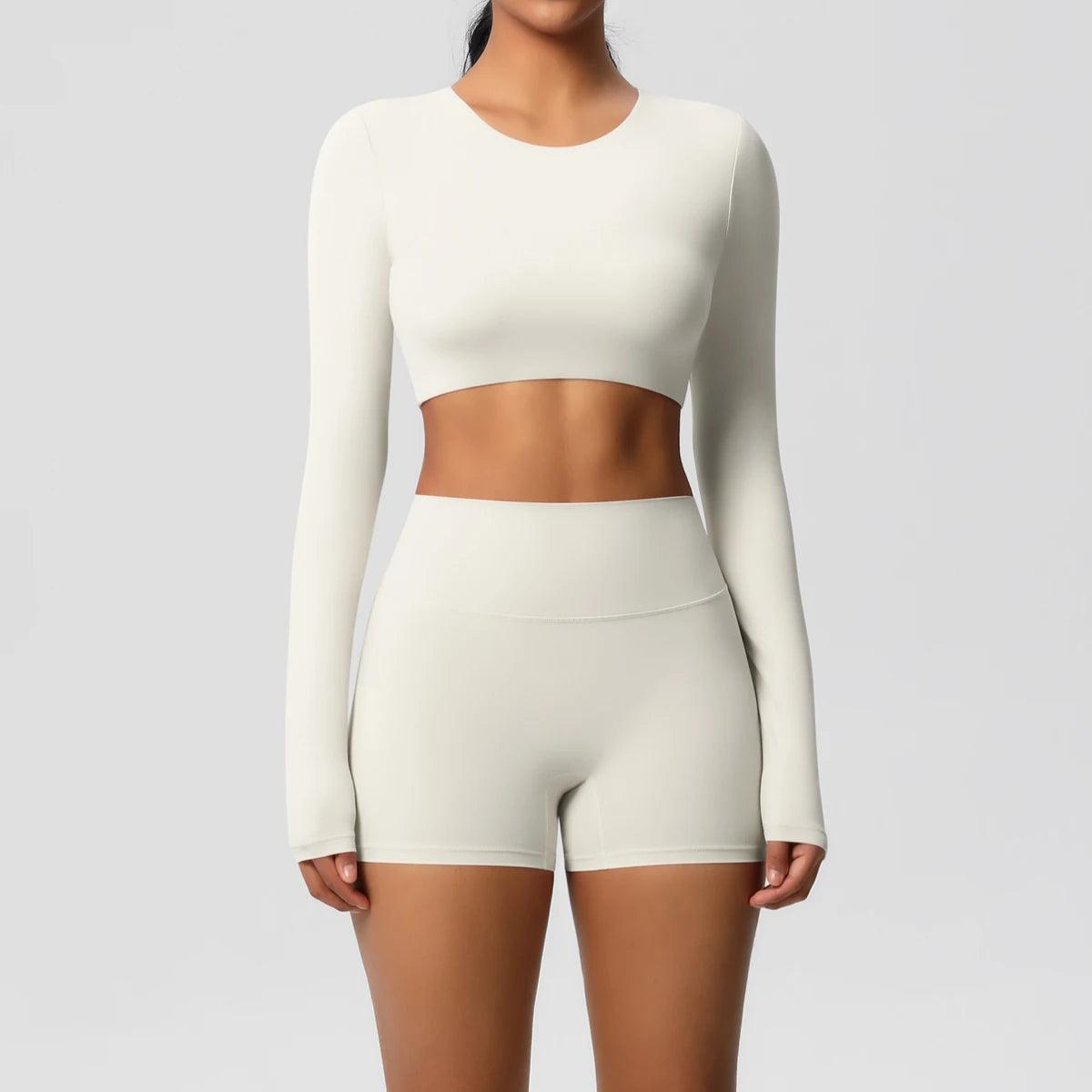 Conjunto Fitness Feminino Top Cropped Manga Longa e Shorts Cintura Alta Nuudi Store