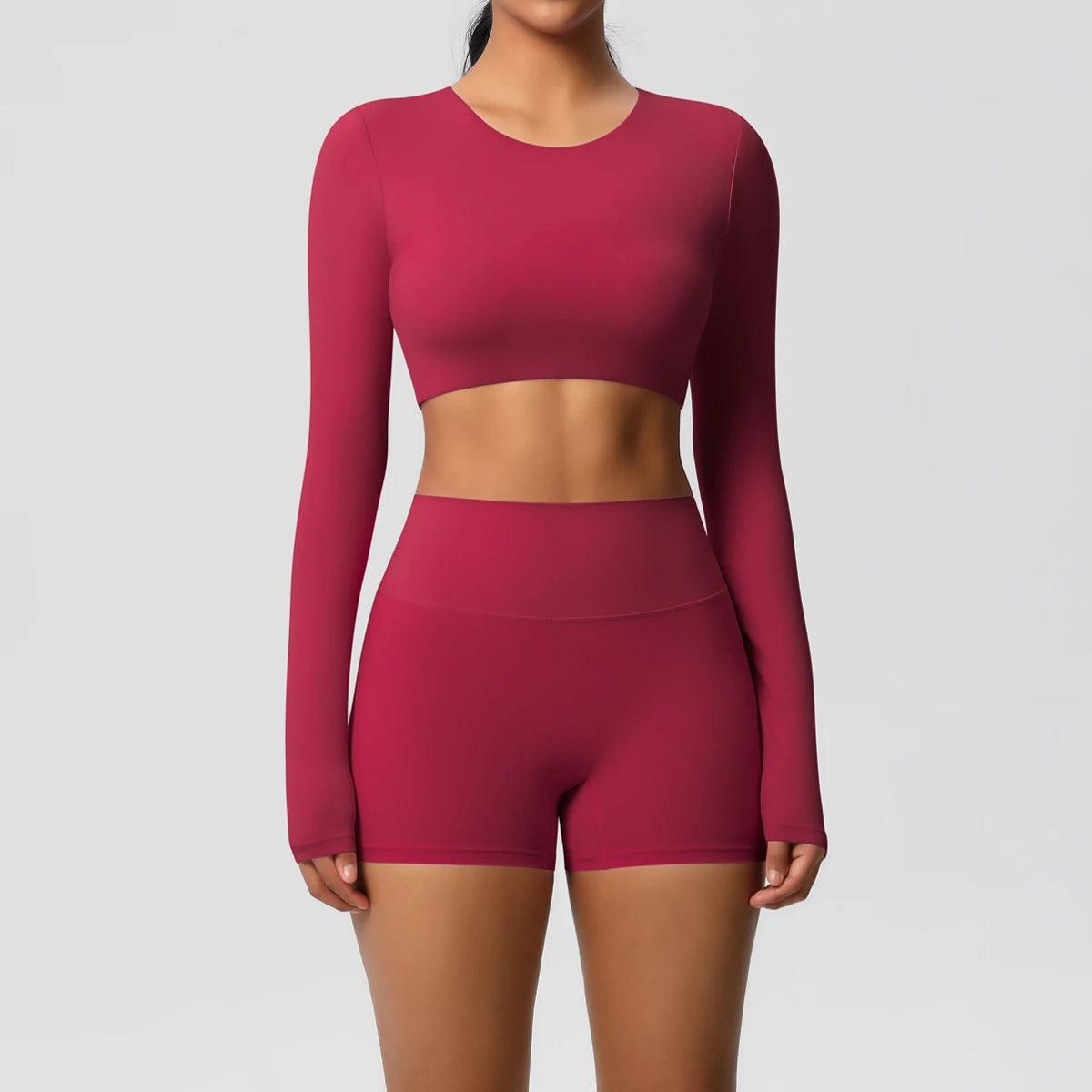 Conjunto Fitness Feminino Top Cropped Manga Longa e Shorts Cintura Alta Nuudi Store