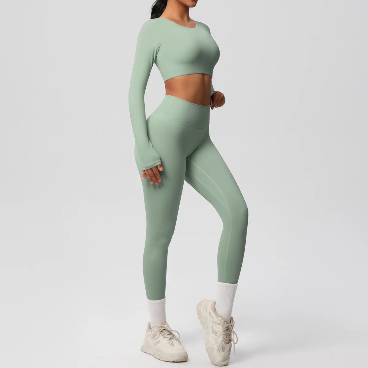 Conjunto Fitness Feminino Top Cropped Manga Longa e Calça Legging Cintura Alta Nuudi Store