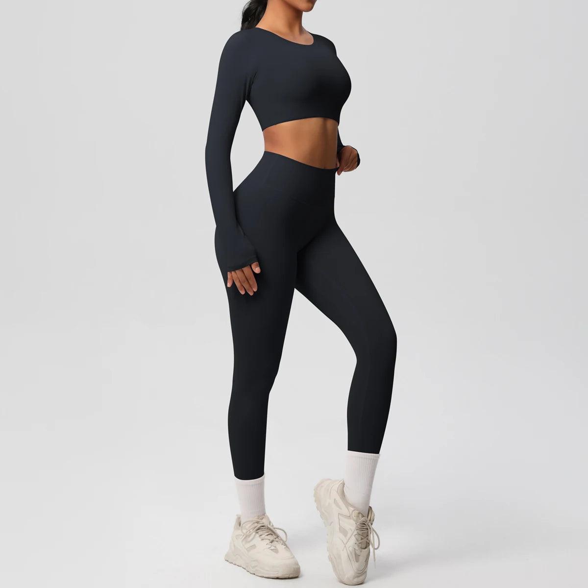 Conjunto Fitness Feminino Top Cropped Manga Longa e Calça Legging Cintura Alta Nuudi Store