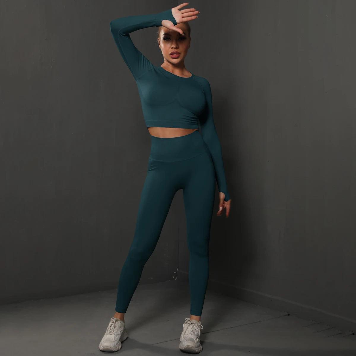 Conjunto Fitness Feminino Camiseta Manga Longa e Calça Legging Sem Costura Nuudi Store