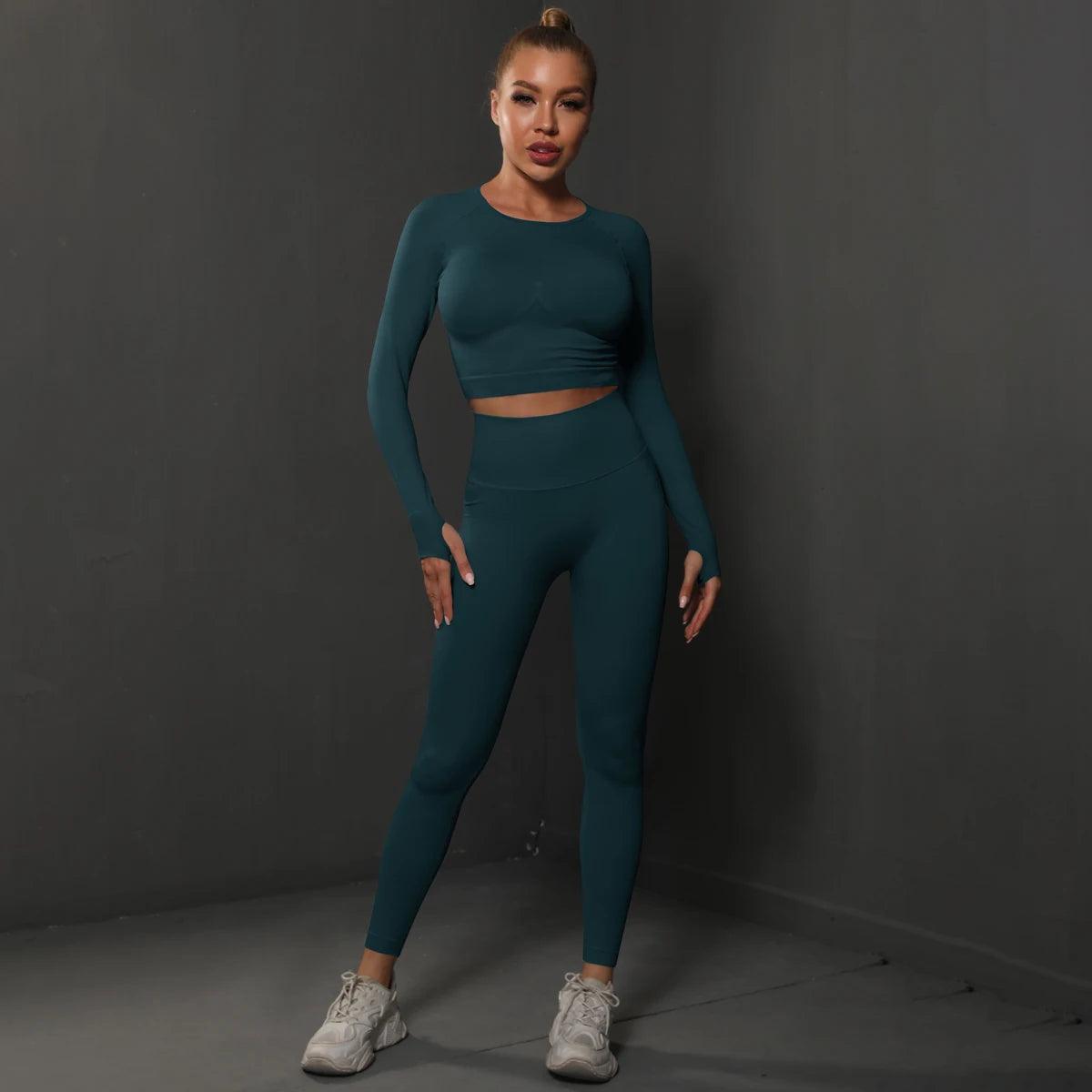 Conjunto Fitness Feminino Camiseta Manga Longa e Calça Legging Sem Costura Nuudi Store