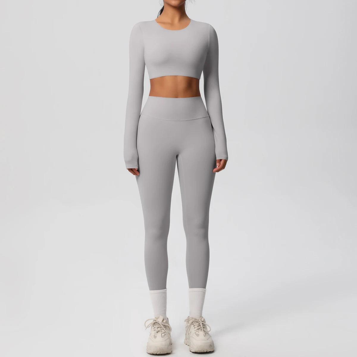 Conjunto Fitness Feminino Top Cropped Manga Longa e Calça Legging Cintura Alta Nuudi Store