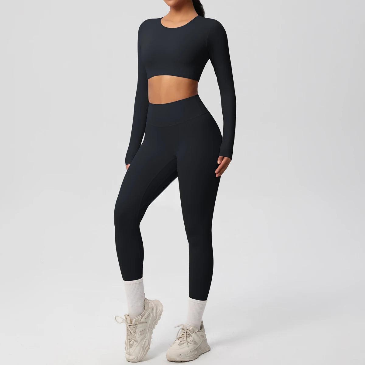 Conjunto Fitness Feminino Top Cropped Manga Longa e Calça Legging Cintura Alta Nuudi Store