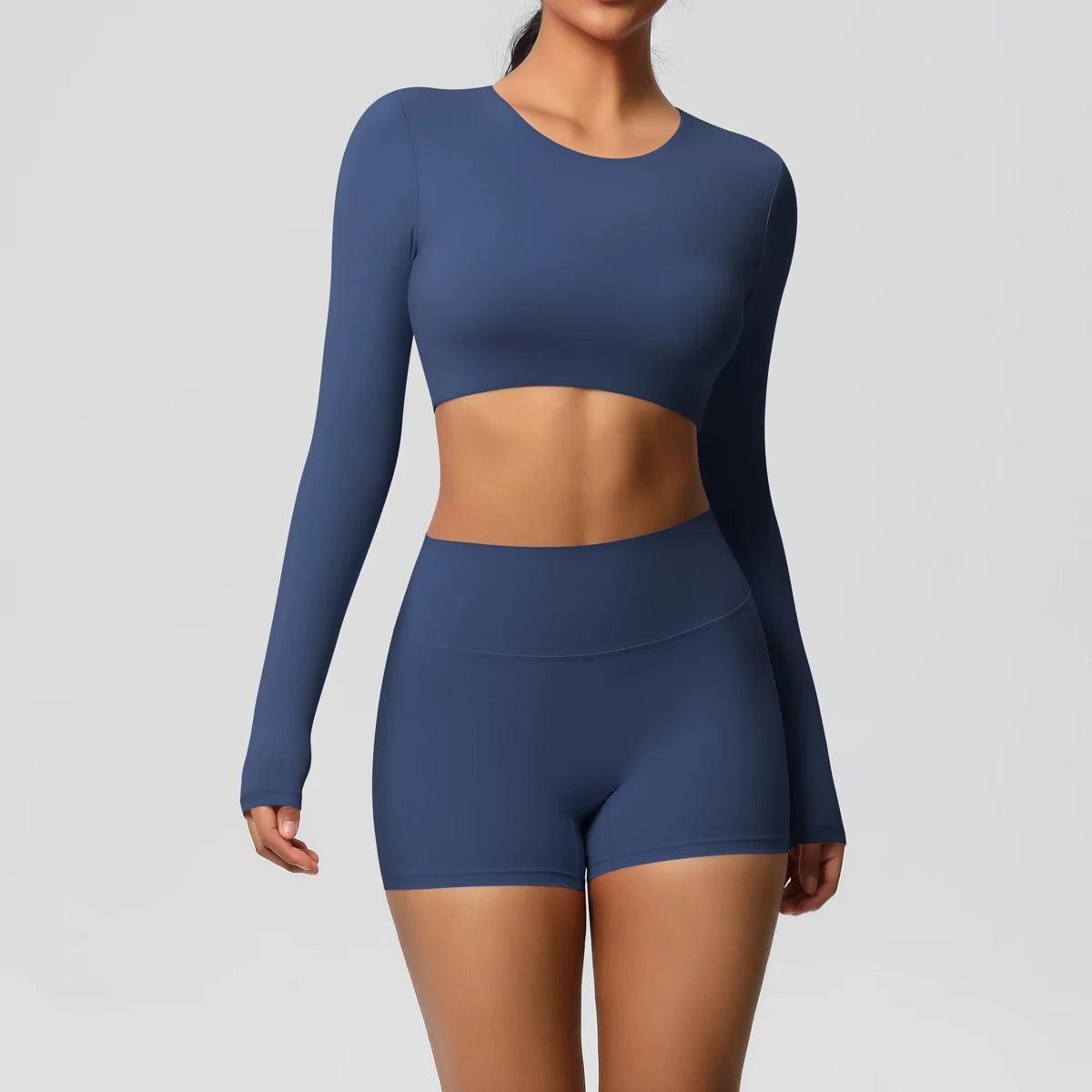 Conjunto Fitness Feminino Top Cropped Manga Longa e Shorts Cintura Alta Nuudi Store