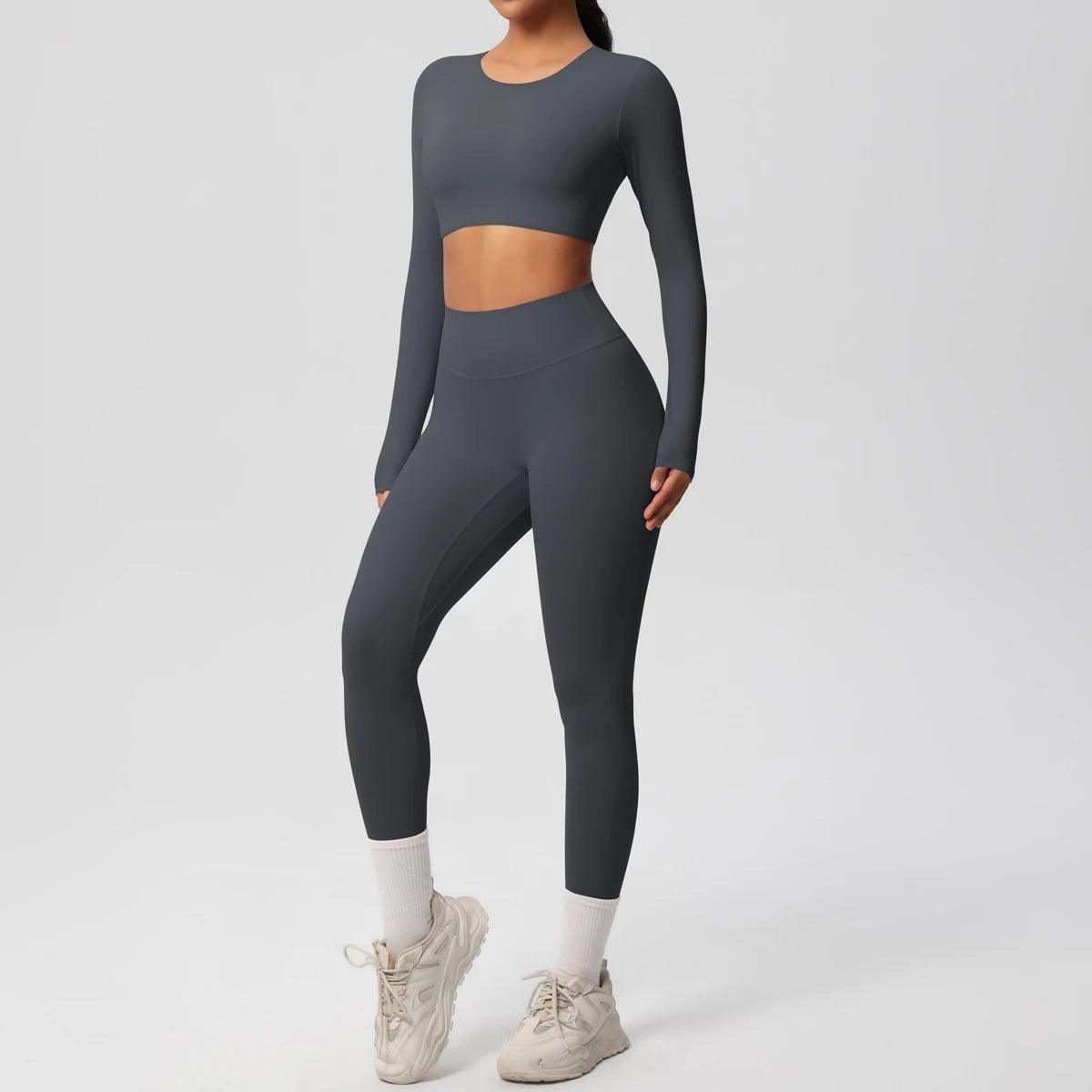 Conjunto Fitness Feminino Top Cropped Manga Longa e Calça Legging Cintura Alta Nuudi Store