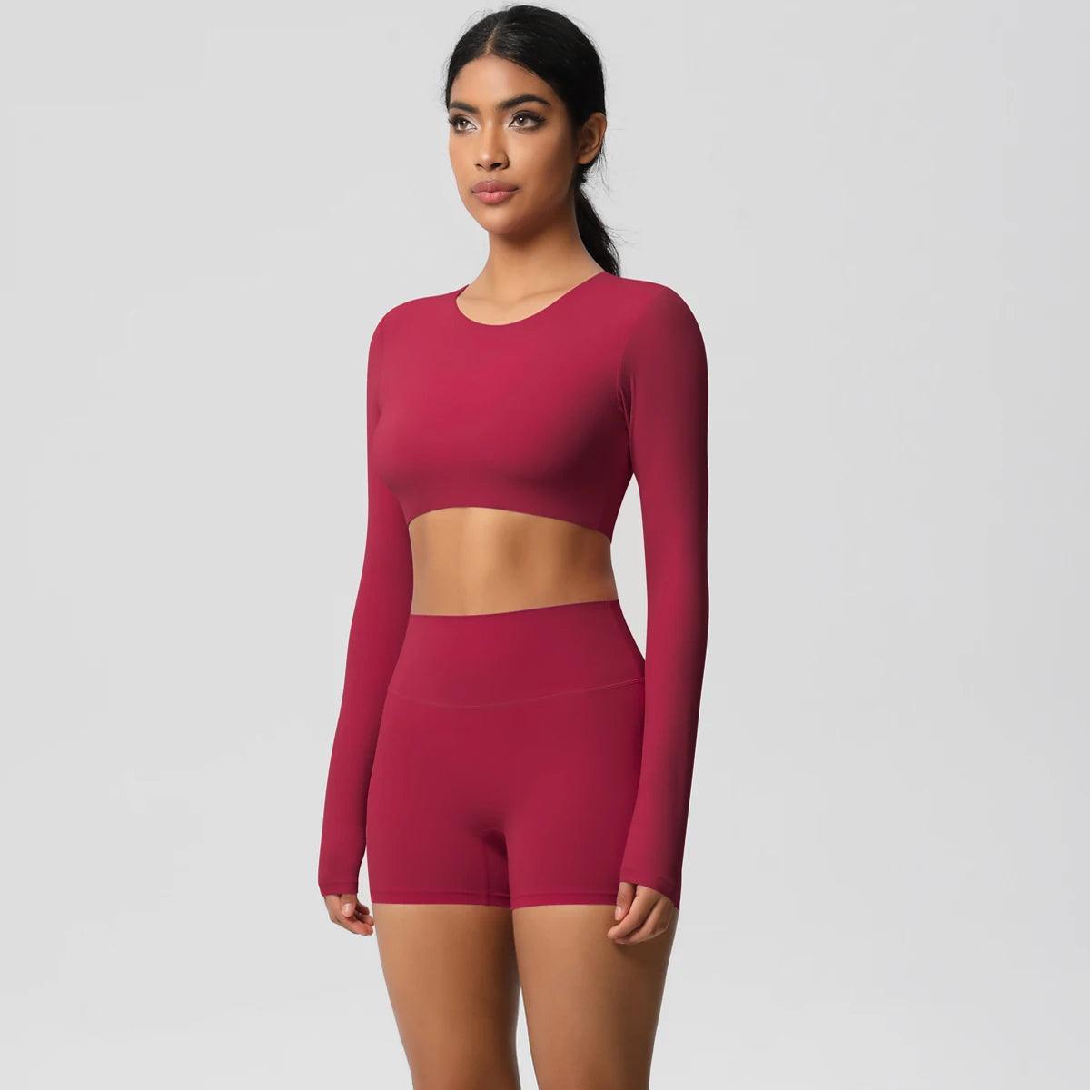 Conjunto Fitness Feminino Top Cropped Manga Longa e Shorts Cintura Alta Nuudi Store