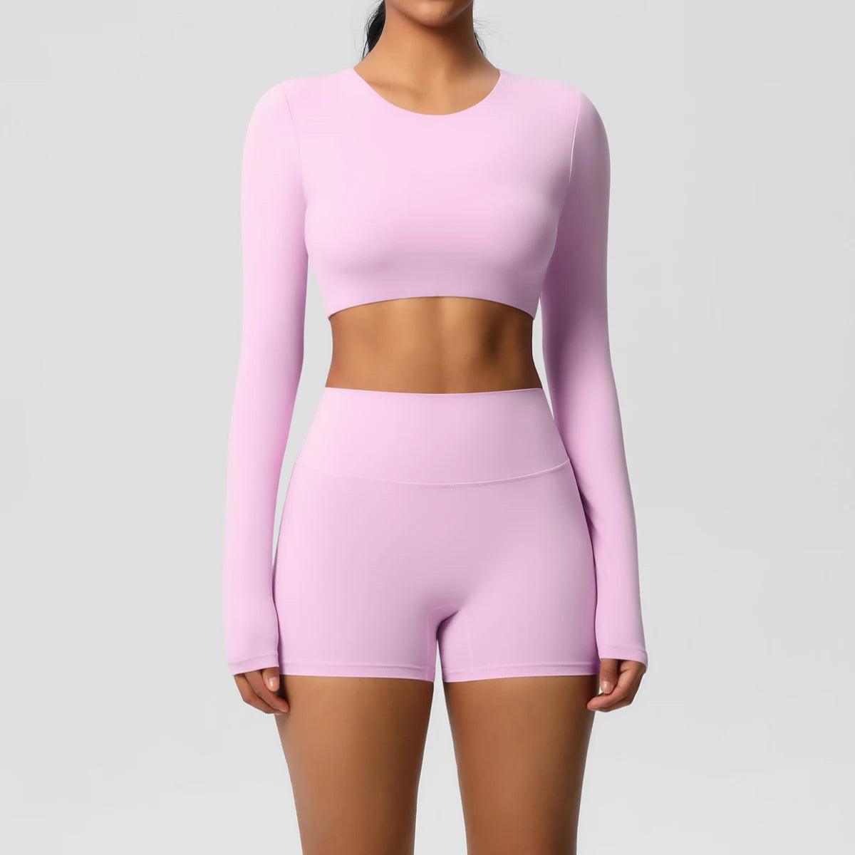 Conjunto Fitness Feminino Top Cropped Manga Longa e Shorts Cintura Alta Nuudi Store