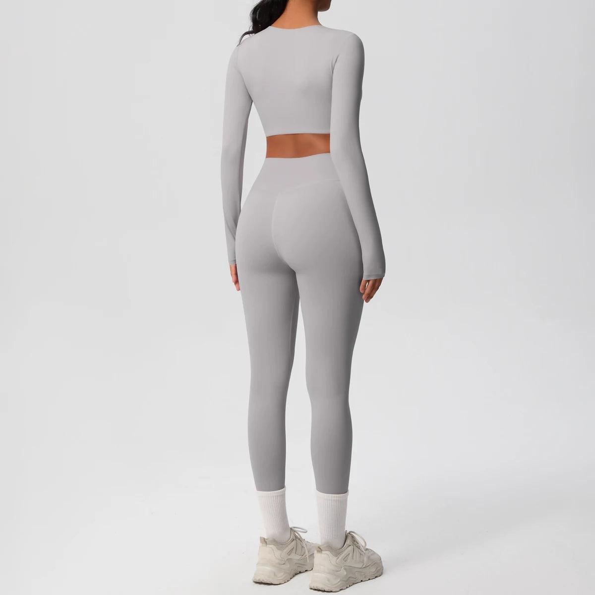 Conjunto Fitness Feminino Top Cropped Manga Longa e Calça Legging Cintura Alta Nuudi Store