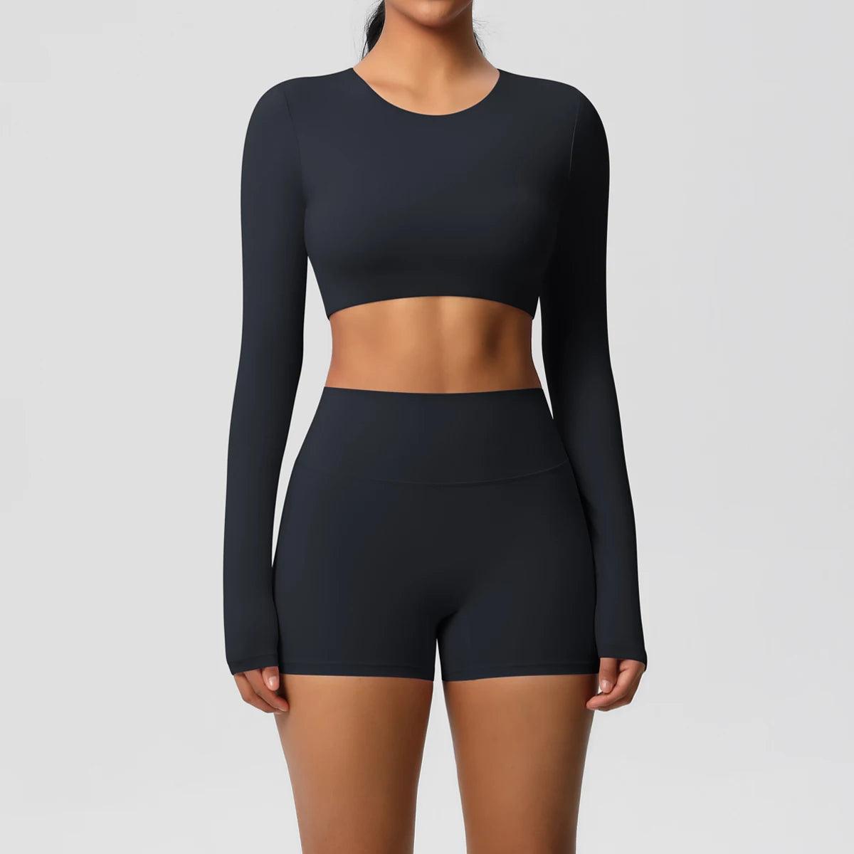 Conjunto Fitness Feminino Top Cropped Manga Longa e Shorts Cintura Alta Nuudi Store