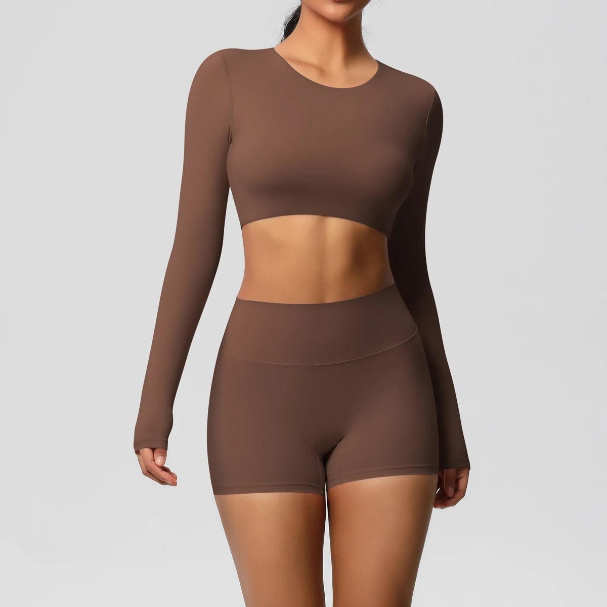 Conjunto Fitness Feminino Top Cropped Manga Longa e Shorts Cintura Alta Nuudi Store