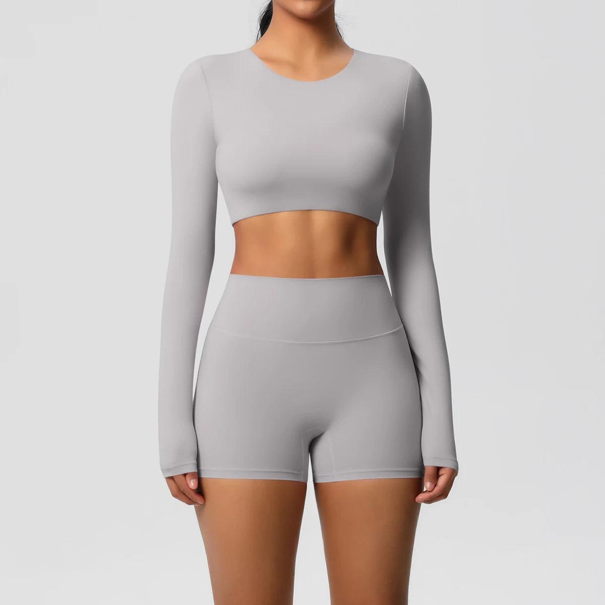 Conjunto Fitness Feminino Top Cropped Manga Longa e Shorts Cintura Alta Nuudi Store