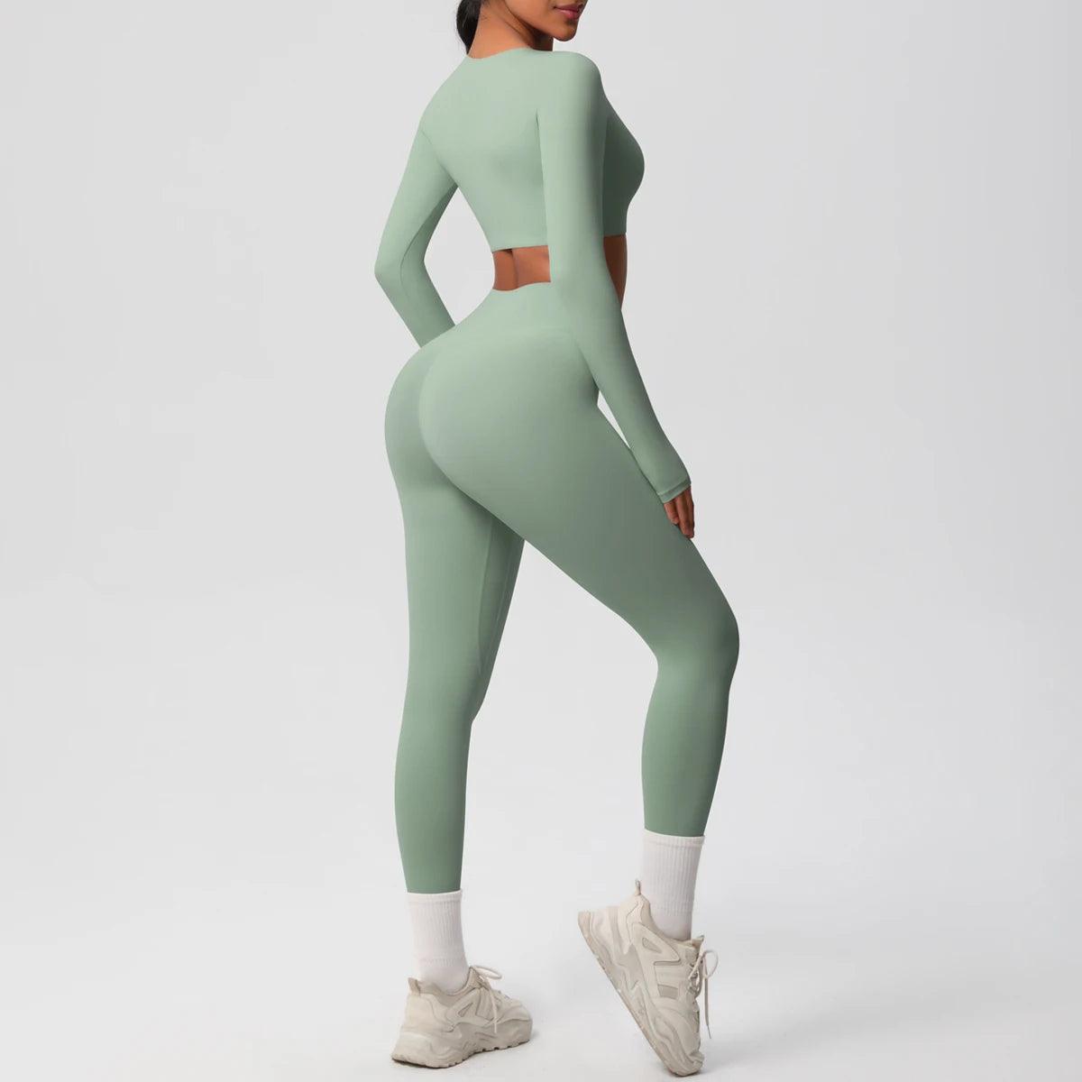 Conjunto Fitness Feminino Top Cropped Manga Longa e Calça Legging Cintura Alta Nuudi Store