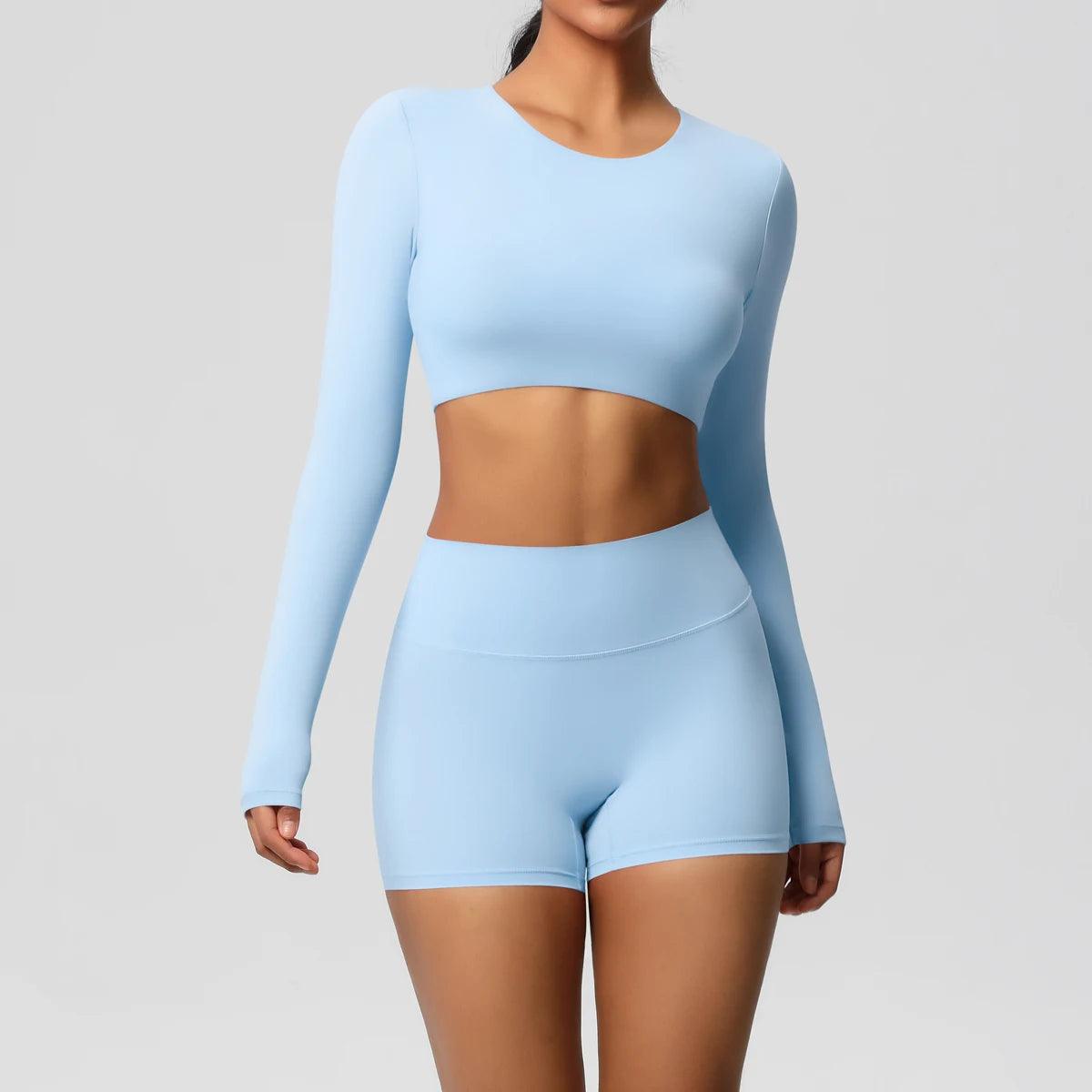 Conjunto Fitness Feminino Top Cropped Manga Longa e Shorts Cintura Alta Nuudi Store
