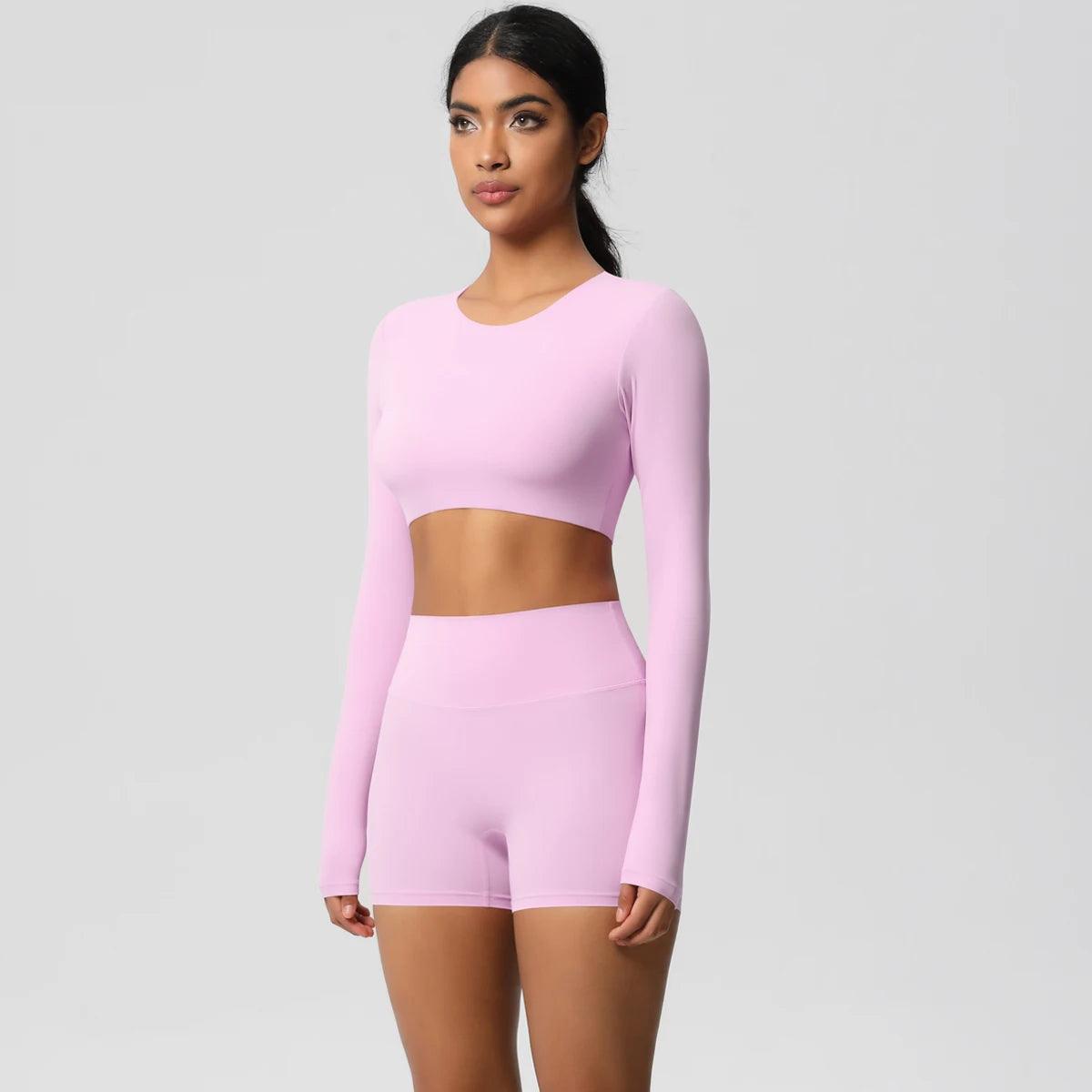 Conjunto Fitness Feminino Top Cropped Manga Longa e Shorts Cintura Alta Nuudi Store