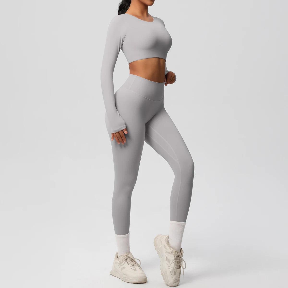 Conjunto Fitness Feminino Top Cropped Manga Longa e Calça Legging Cintura Alta Nuudi Store