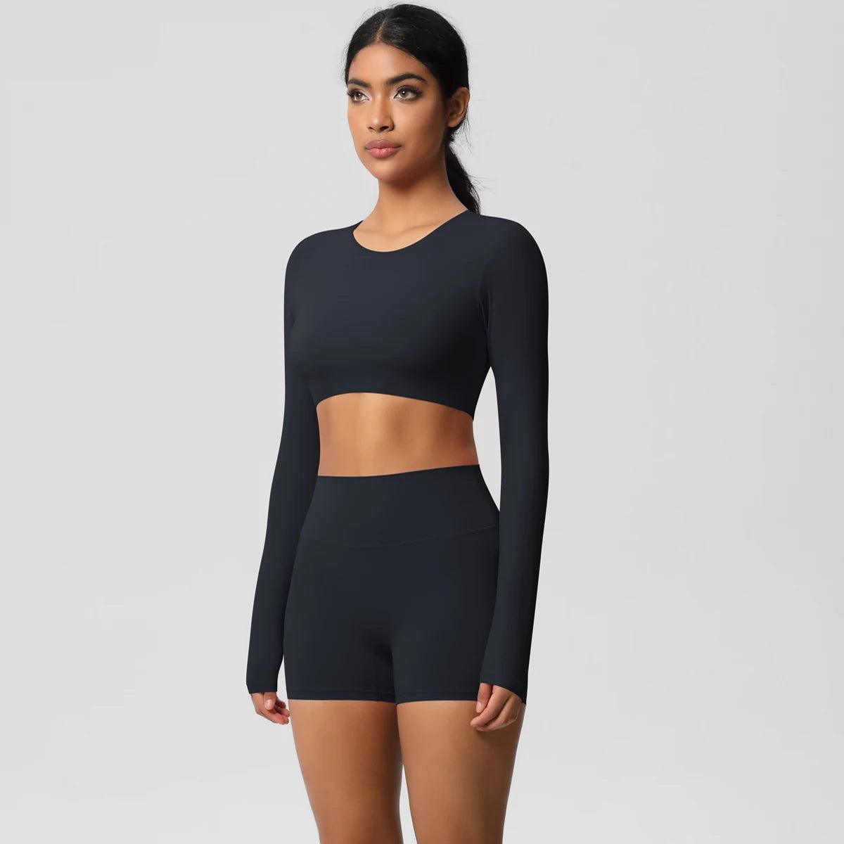 Conjunto Fitness Feminino Top Cropped Manga Longa e Shorts Cintura Alta Nuudi Store