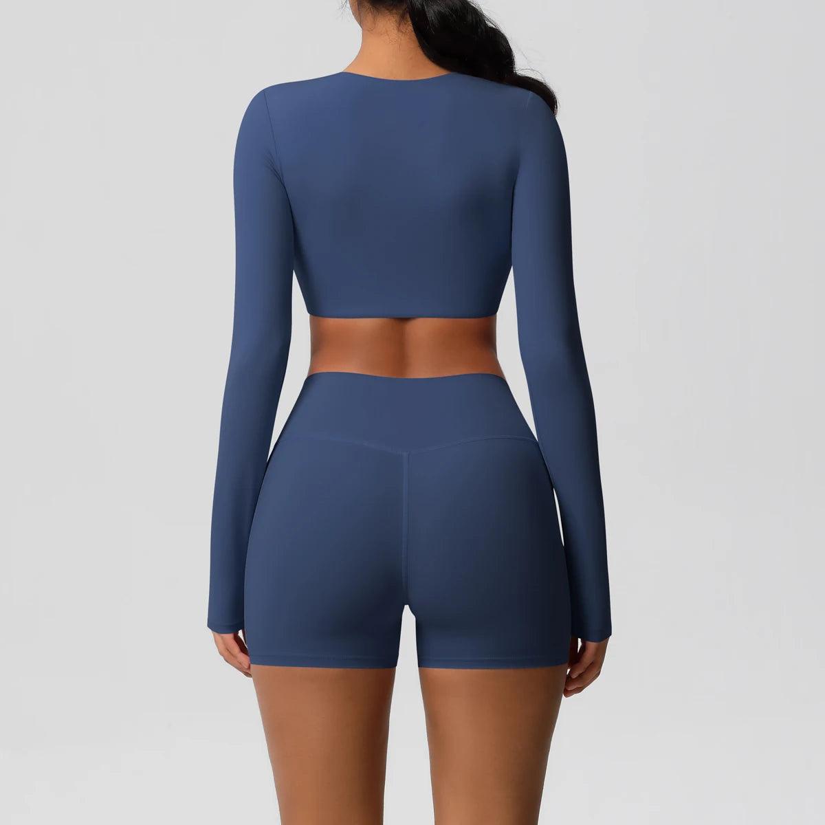 Conjunto Fitness Feminino Top Cropped Manga Longa e Shorts Cintura Alta Nuudi Store